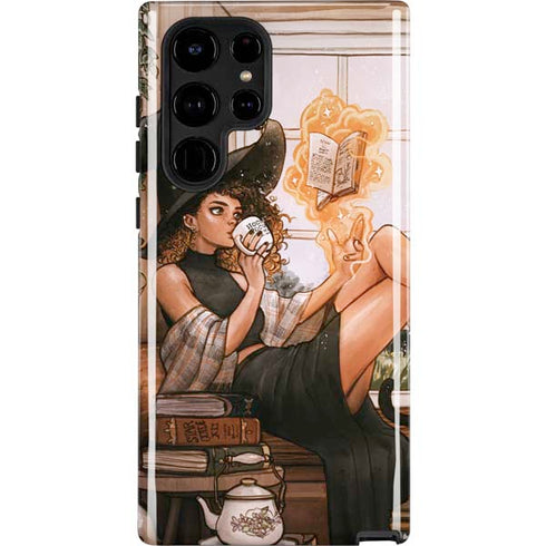 Cozy Autumn Library Witch with Cat and Coffee by Ivy Dolamore Galaxy Cases